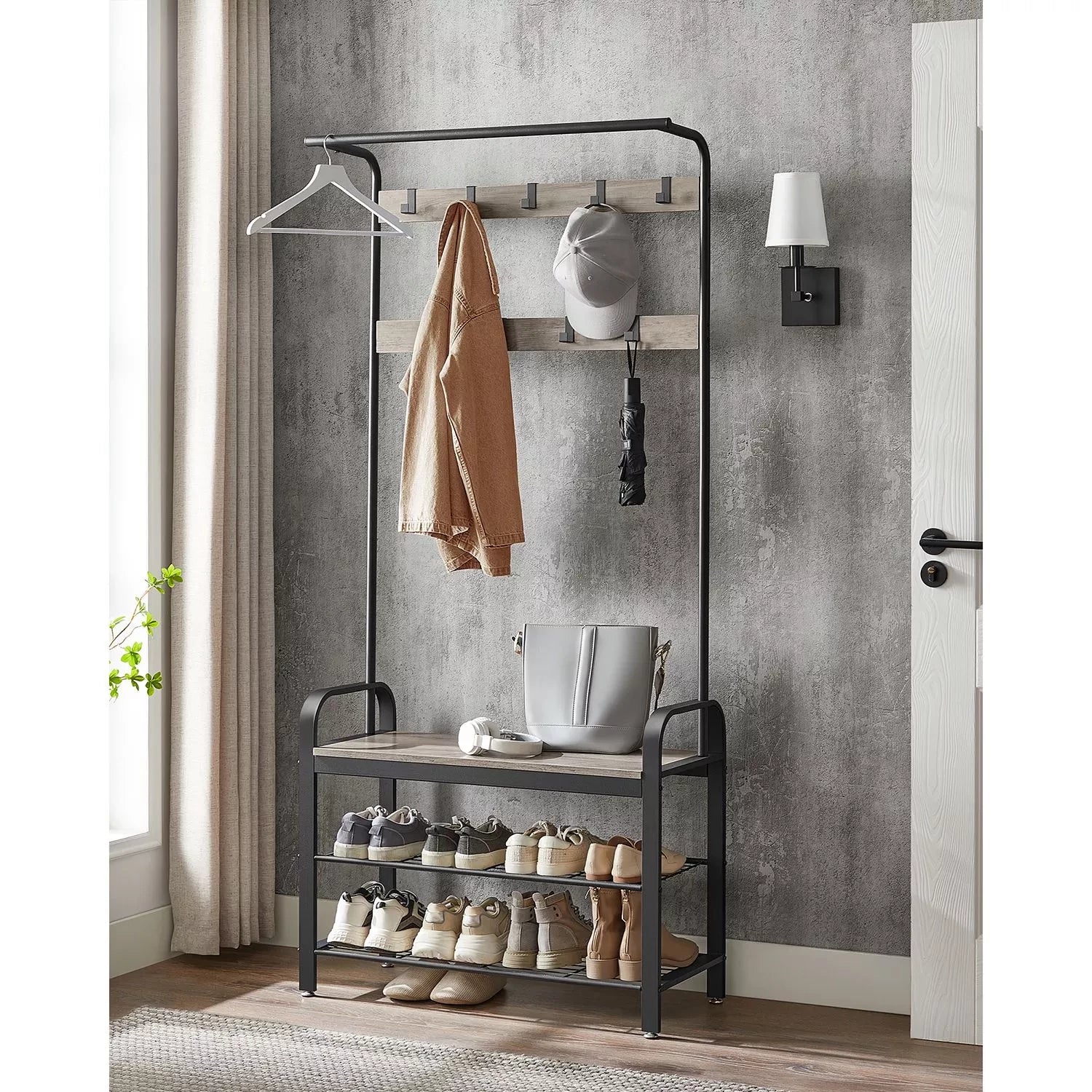 In And OutdoorMatch Kapstok Hillary - Kledingkast - Schoenenrek met Zitting - Kledingrek met 9 afneembare haken - Bank - 2 draadplanken - 183 cm hoog - Industrieel Design - Vintage Bruin/Zwart Kapstok