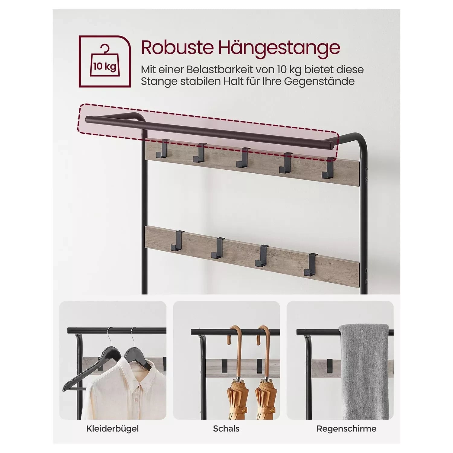 In And OutdoorMatch Kapstok Hillary - Kledingkast - Schoenenrek met Zitting - Kledingrek met 9 afneembare haken - Bank - 2 draadplanken - 183 cm hoog - Industrieel Design - Vintage Bruin/Zwart Kapstok