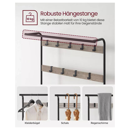 In And OutdoorMatch Kapstok Hillary - Kledingkast - Schoenenrek met Zitting - Kledingrek met 9 afneembare haken - Bank - 2 draadplanken - 183 cm hoog - Industrieel Design - Vintage Bruin/Zwart Kapstok