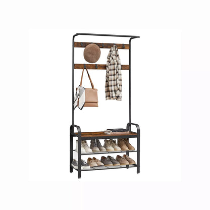 In And OutdoorMatch Kapstok Newell - Kledingkast - Schoenenrek met Zitje - Kledingrek met 9 afneembare haken - Bank - 2 draadplanken - 183 cm hoog - Industrieel Design - Vintage Bruin/Zwart Kapstok