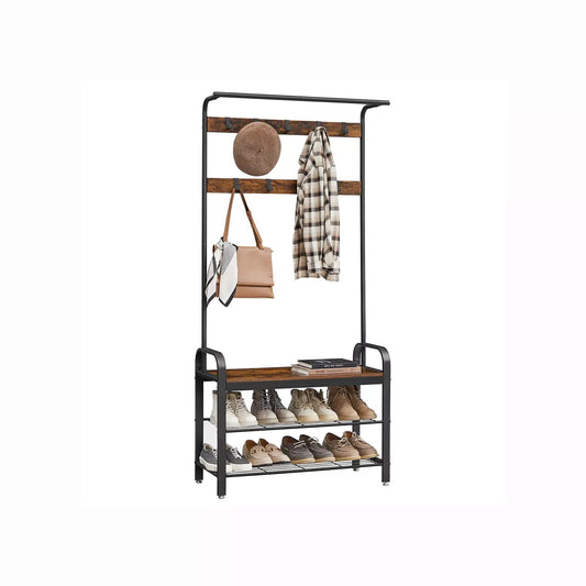 In And OutdoorMatch Kapstok Newell - Kledingkast - Schoenenrek met Zitje - Kledingrek met 9 afneembare haken - Bank - 2 draadplanken - 183 cm hoog - Industrieel Design - Vintage Bruin/Zwart Kapstok