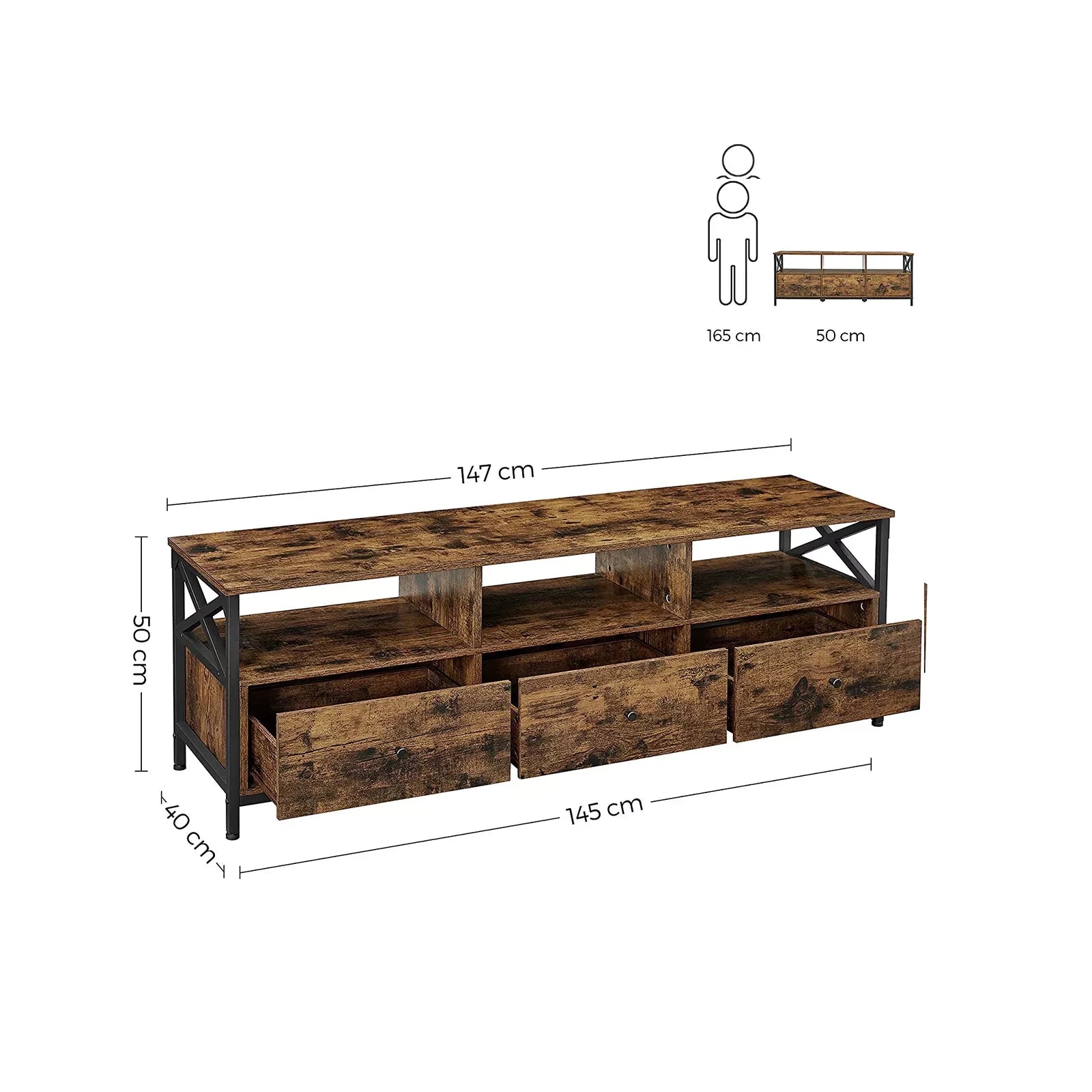 In And OutdoorMatch Kast Jose - Voor Reys tot 65 inch - Met 3 Laden - 147x40x50cm - Industrieel Design - Stalen Frame - Vintage Bruin/Zwart TV-meubel
