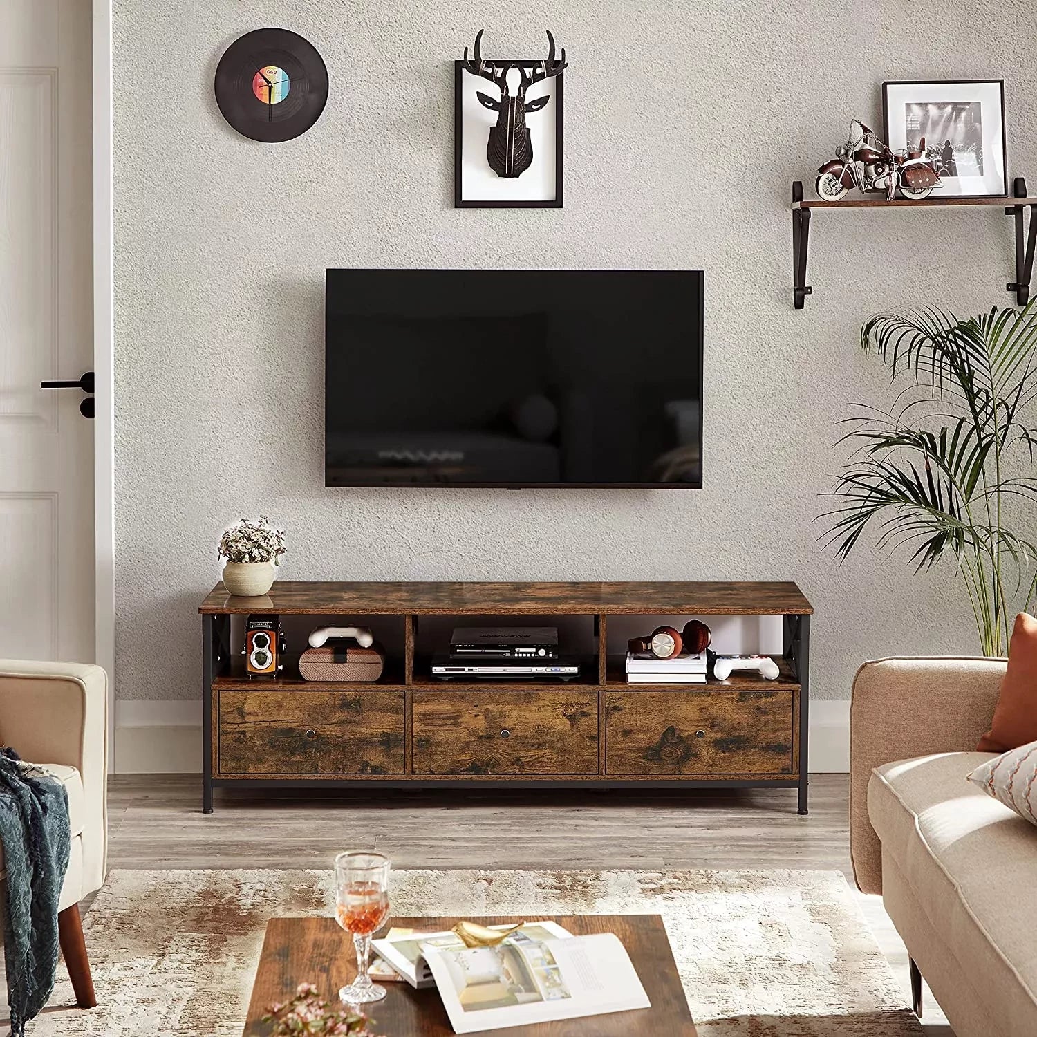 In And OutdoorMatch Kast Jose - Voor Reys tot 65 inch - Met 3 Laden - 147x40x50cm - Industrieel Design - Stalen Frame - Vintage Bruin/Zwart TV-meubel