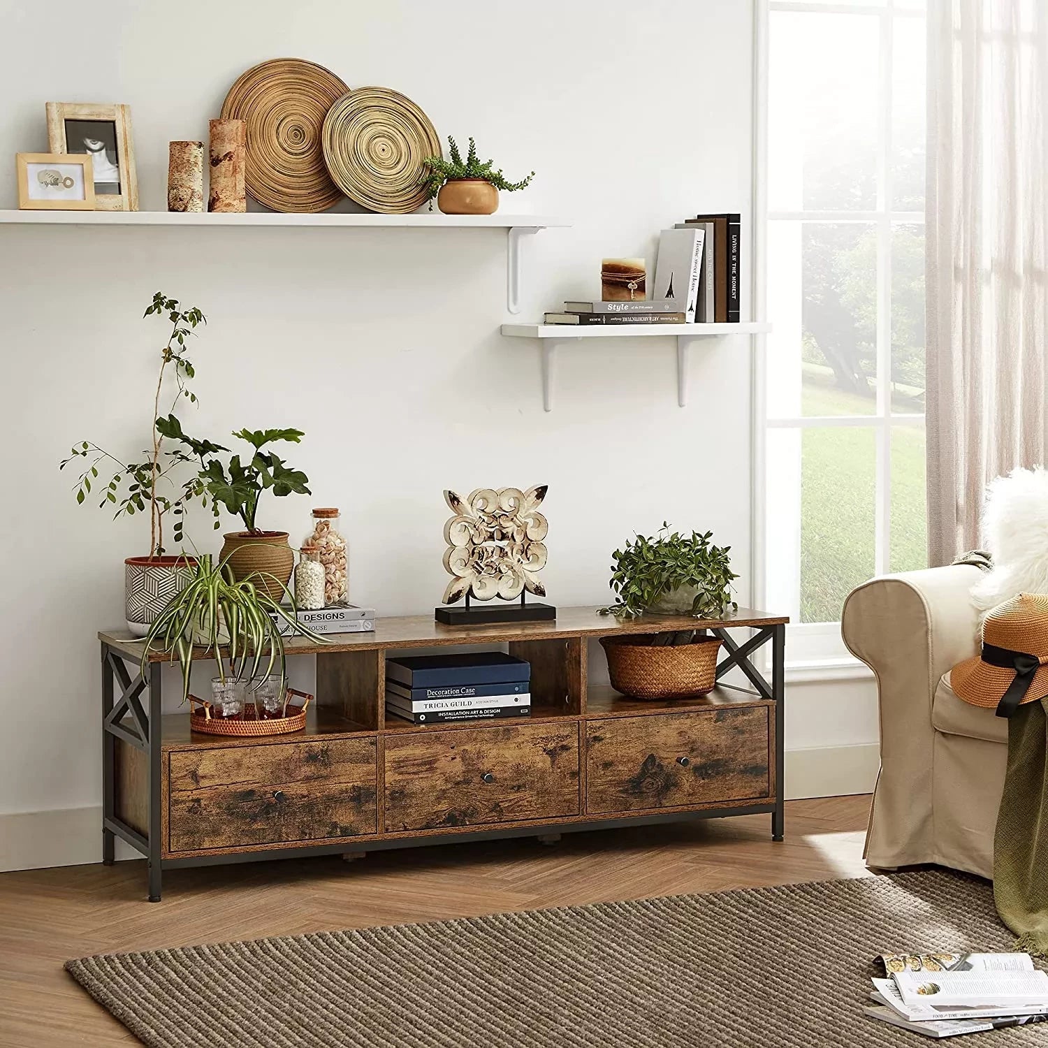 In And OutdoorMatch Kast Jose - Voor Reys tot 65 inch - Met 3 Laden - 147x40x50cm - Industrieel Design - Stalen Frame - Vintage Bruin/Zwart TV-meubel