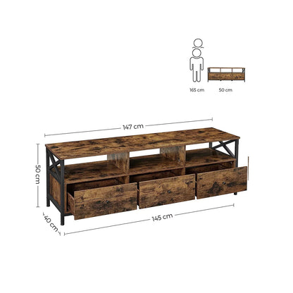 In And OutdoorMatch Kast Jose - Voor Reys tot 65 inch - Met 3 Laden - 147x40x50cm - Industrieel Design - Stalen Frame - Vintage Bruin/Zwart TV-meubel