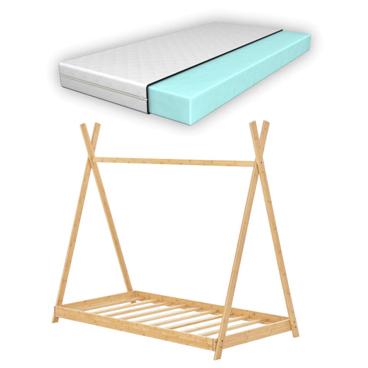 In And OutdoorMatch Kinderbed Jan - Tipi Bed - Met Matras - Bamboe - 70x140 cm - Houtkleurig - Snelle Montage - 200kg draagvermogen Kinder bedden
