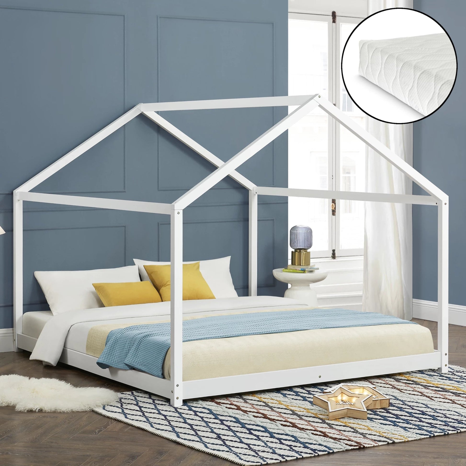 In And OutdoorMatch Kinderbed Rodri - Huisbed - Met Matras - Met Lattenbodem - 160x200cm - Wit - Snelle Montage bed twee personen