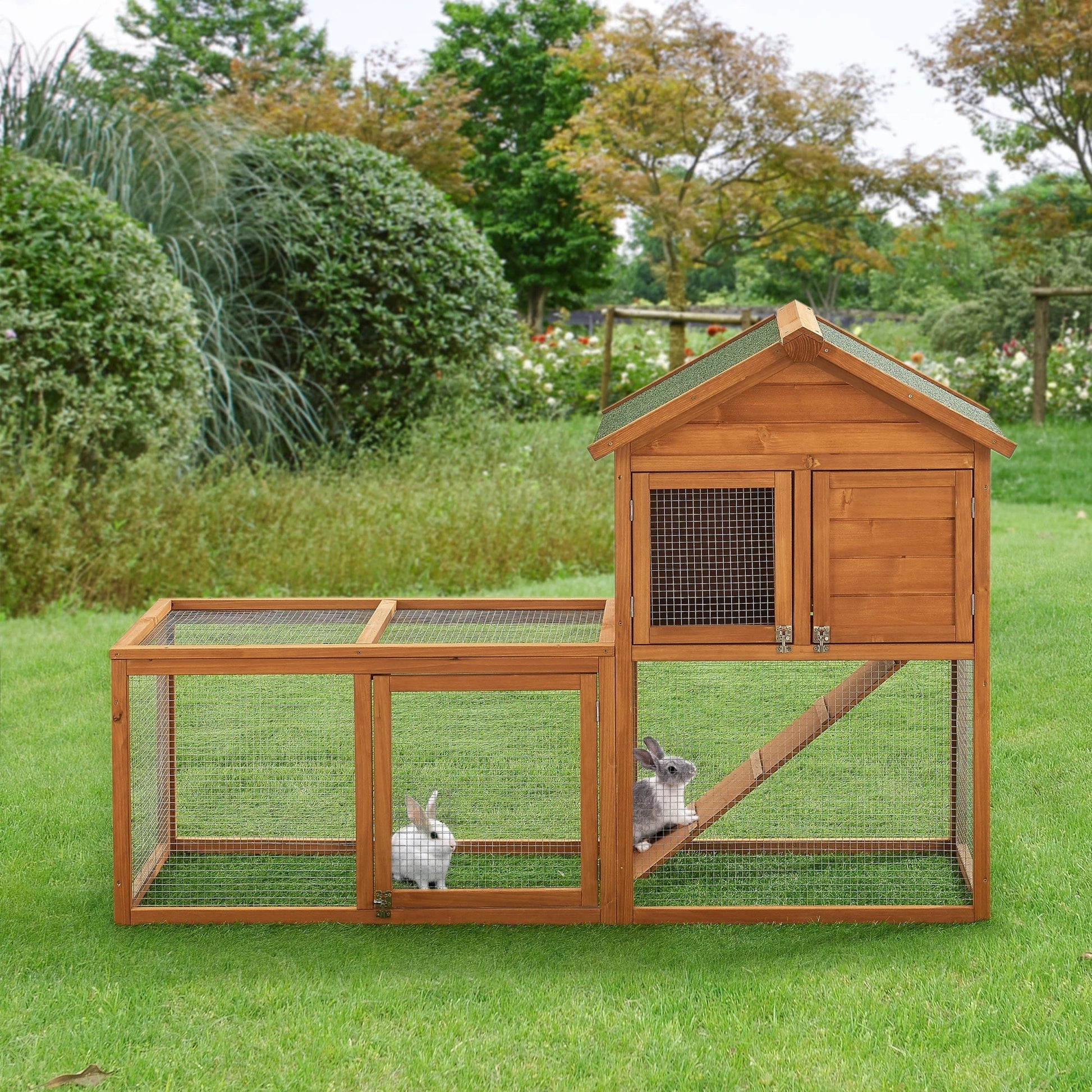 In And OutdoorMatch Konijnenhok Lamar - 110x160x61 cm - Houtkleurig - Grenen en Metaal - Twee Verdiepingen - Voor kleine dieren Dierenkooi