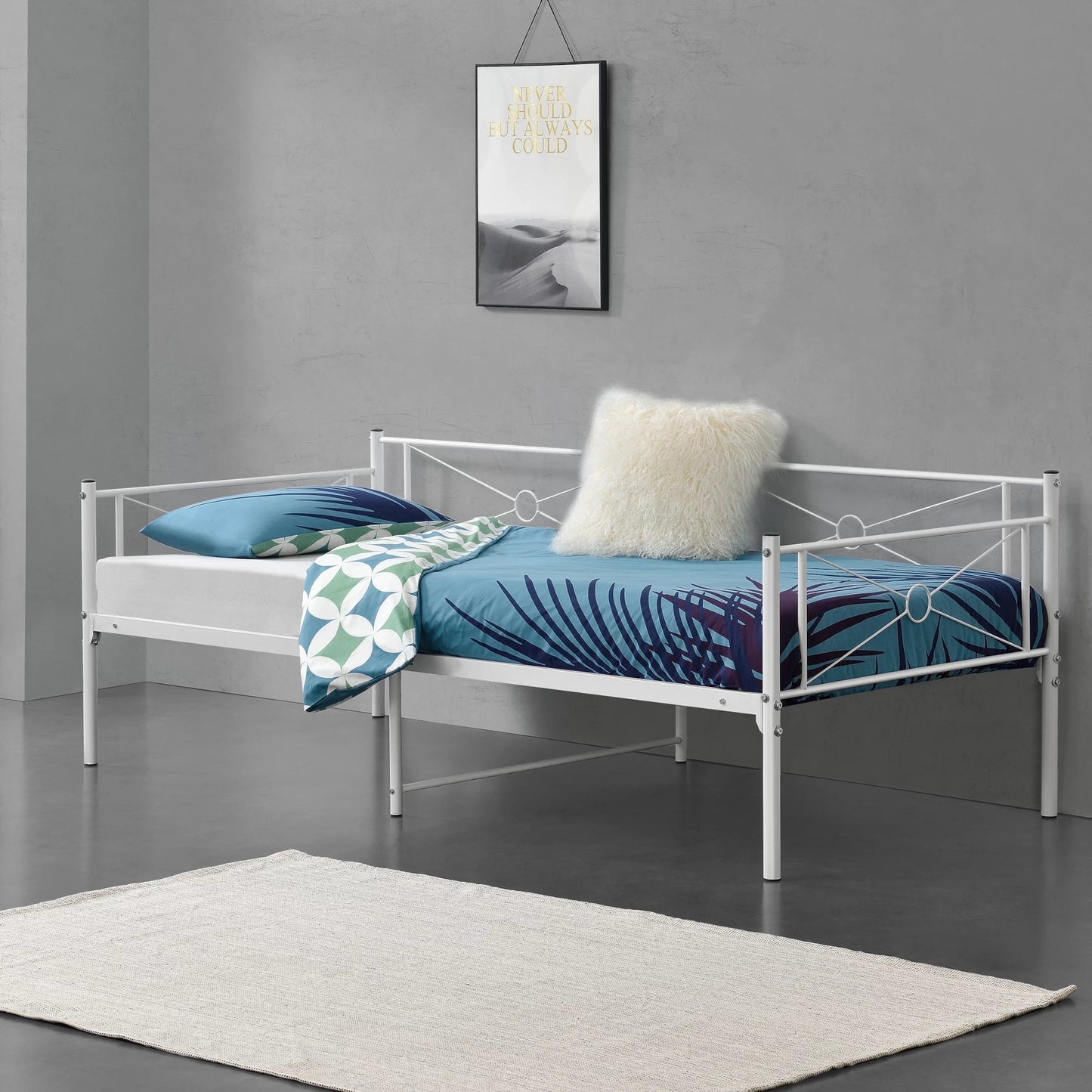 In And OutdoorMatch Metalen Bed Omari - Staal - Met Bedbodem - 90x200 cm - Wit - Snelle Montage Eén persoon slapen