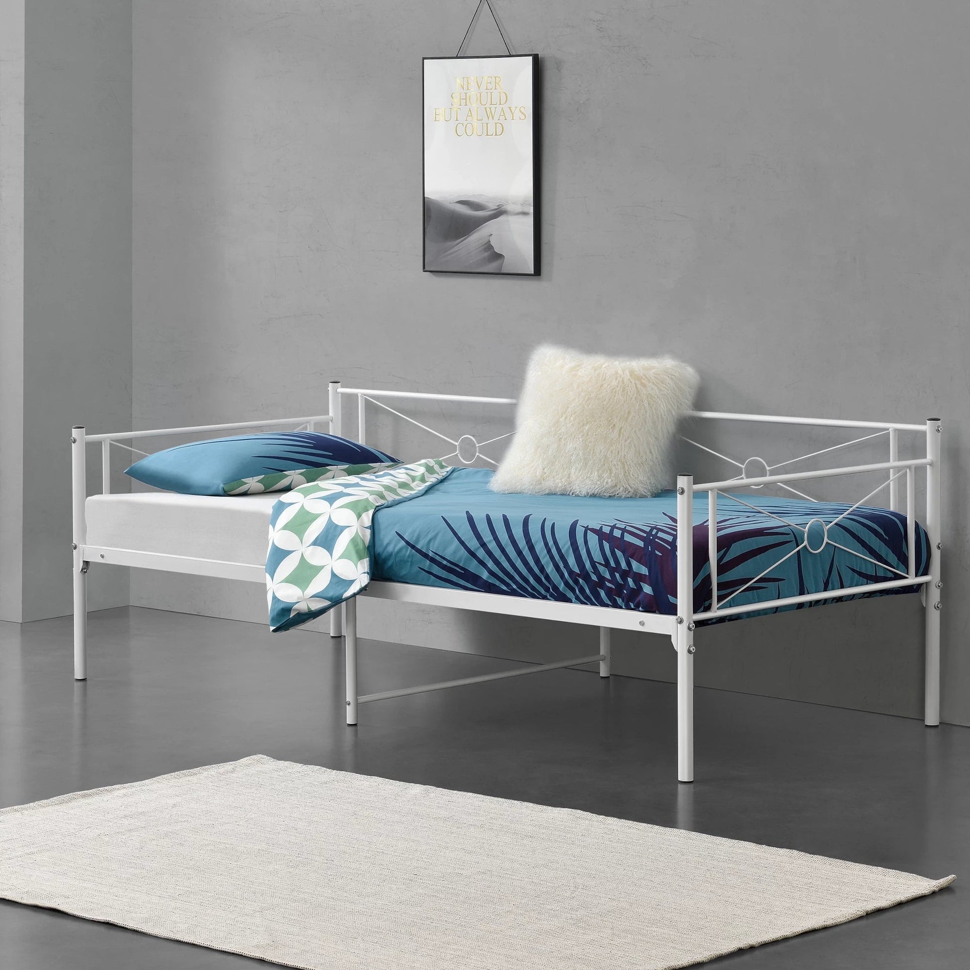 In And OutdoorMatch Metalen Bed Omari - Staal - Met Bedbodem - 90x200 cm - Wit - Snelle Montage Eén persoon slapen