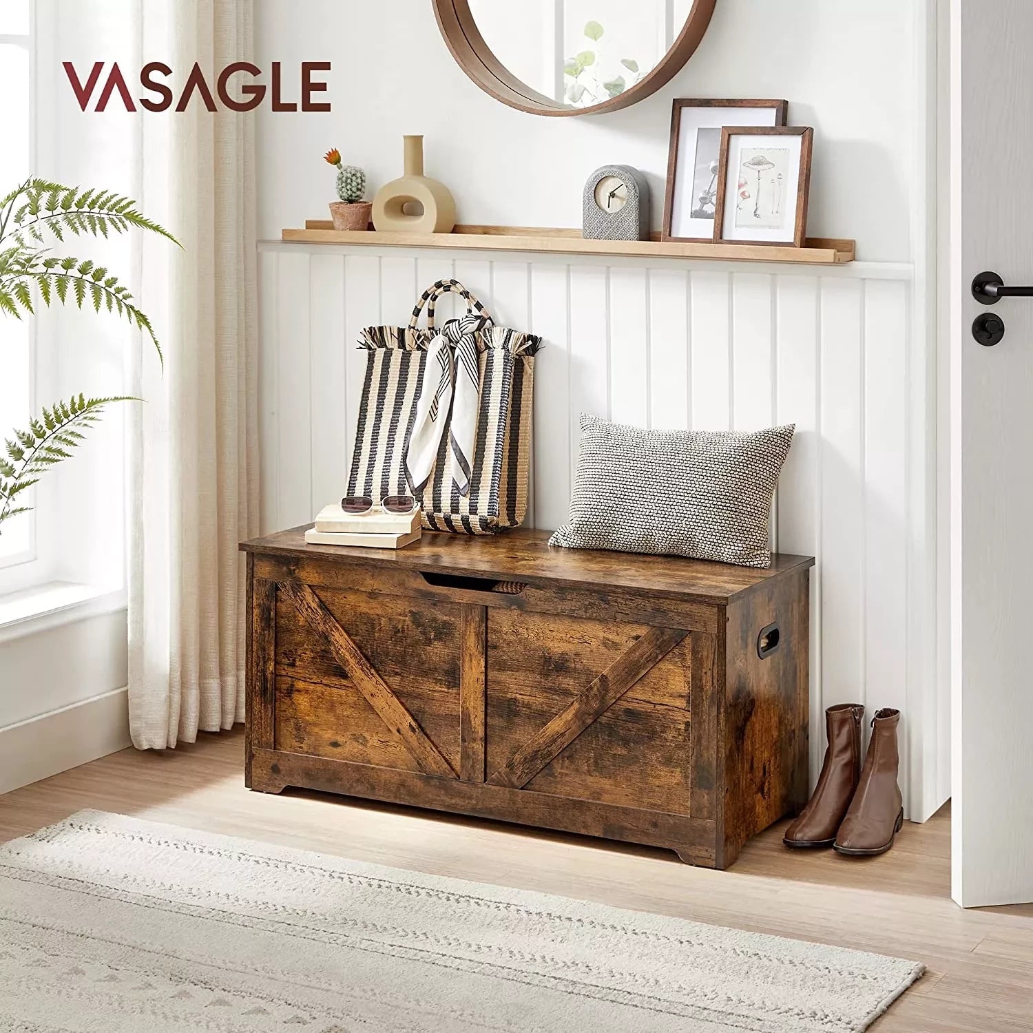 In And OutdoorMatch Opbergkast Robin - Speelgoedkist - Schoenenbank - Zitkist - Opbergdoos - Bank met opbergruimte - Landelijke Stijl - Veiligheidsscharnieren - 100x40x46cm - Vintage Bruin Opslagruimte