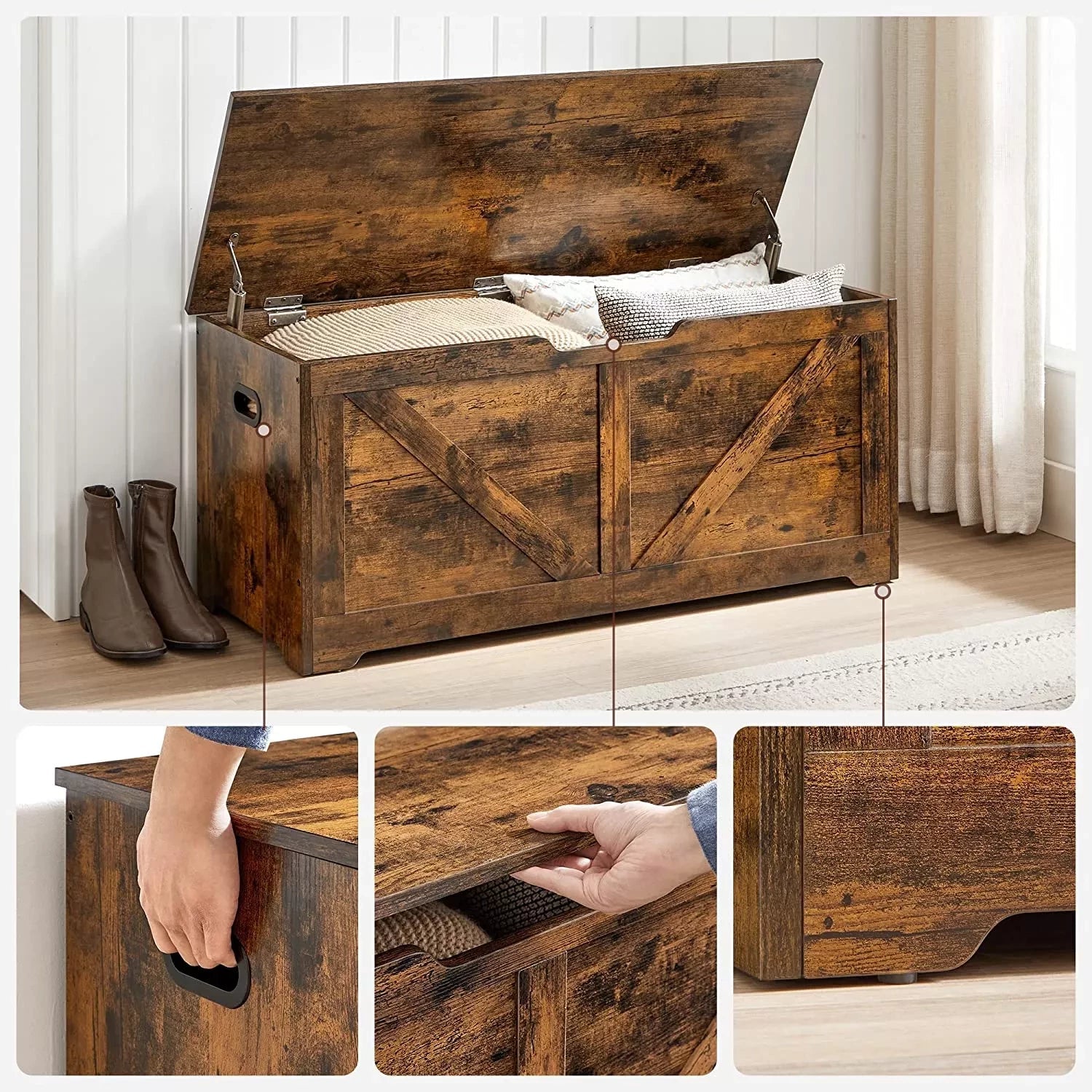 In And OutdoorMatch Opbergkast Robin - Speelgoedkist - Schoenenbank - Zitkist - Opbergdoos - Bank met opbergruimte - Landelijke Stijl - Veiligheidsscharnieren - 100x40x46cm - Vintage Bruin Opslagruimte