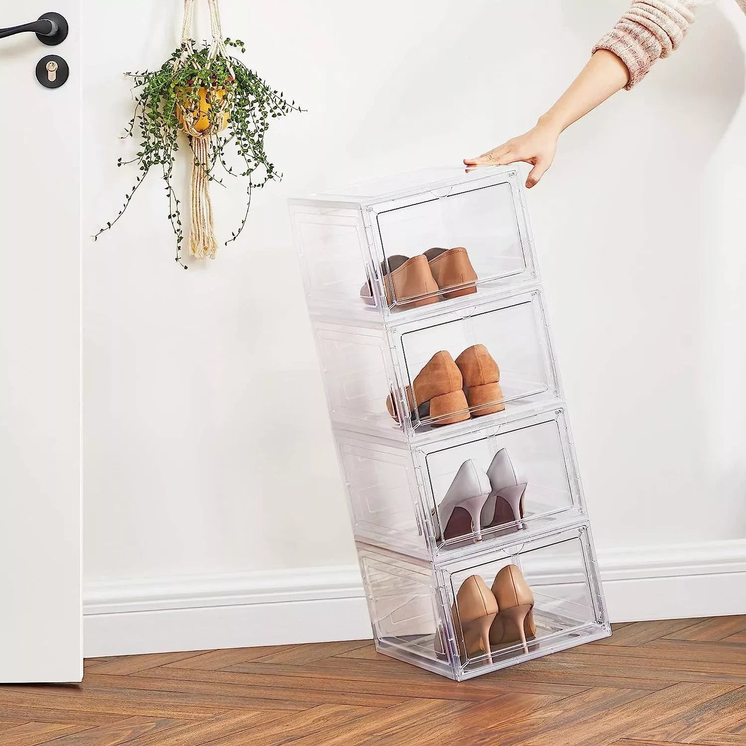 In And OutdoorMatch Schoenendozen Chaim - kunststof schoenenopberger - met deur - transparant - set van 6 - stapelbaar - eenvoudige montage 27x34,5x19 cm - voor schoenen tot maat 45 - wit shoebox