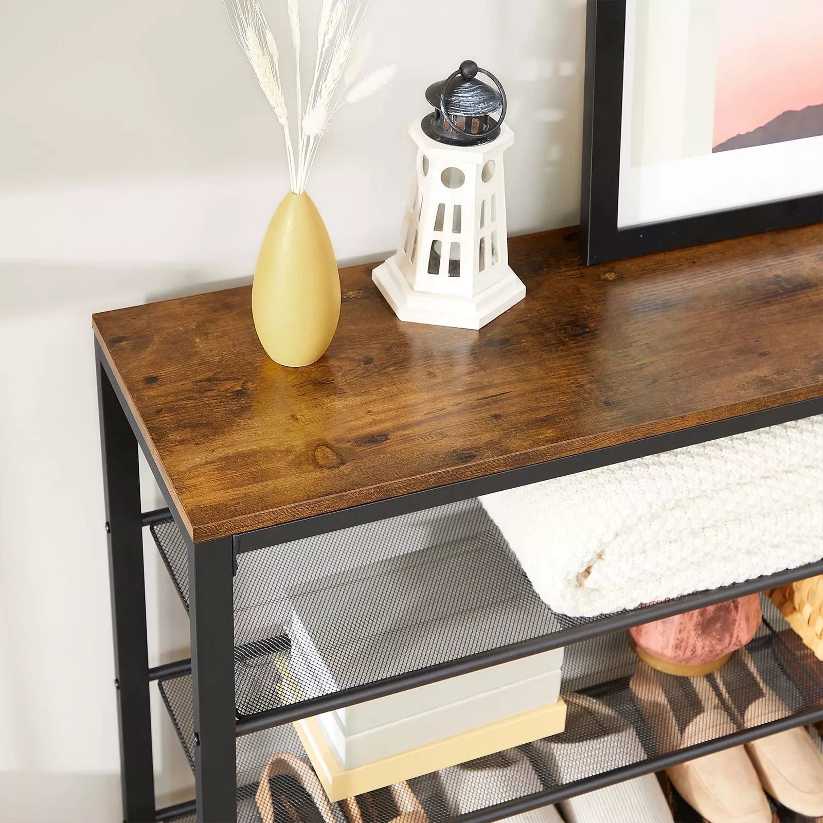 In And OutdoorMatch Schoenenrek Zoey - 5 roosterniveaus - Royale Oppervlak - Metalen Frame - Industrieel Ontwerp, Vintage Bruin/Zwart - 100x30x110cm shoe rack