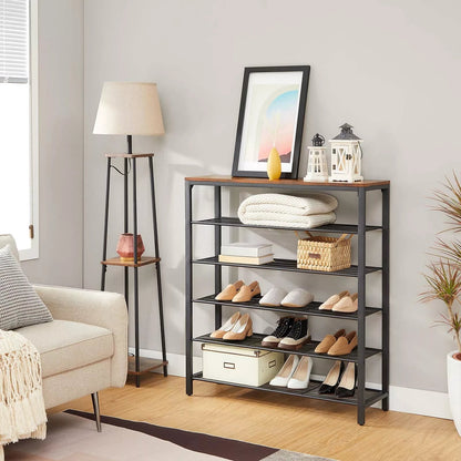 In And OutdoorMatch Schoenenrek Zoey - 5 roosterniveaus - Royale Oppervlak - Metalen Frame - Industrieel Ontwerp, Vintage Bruin/Zwart - 100x30x110cm shoe rack