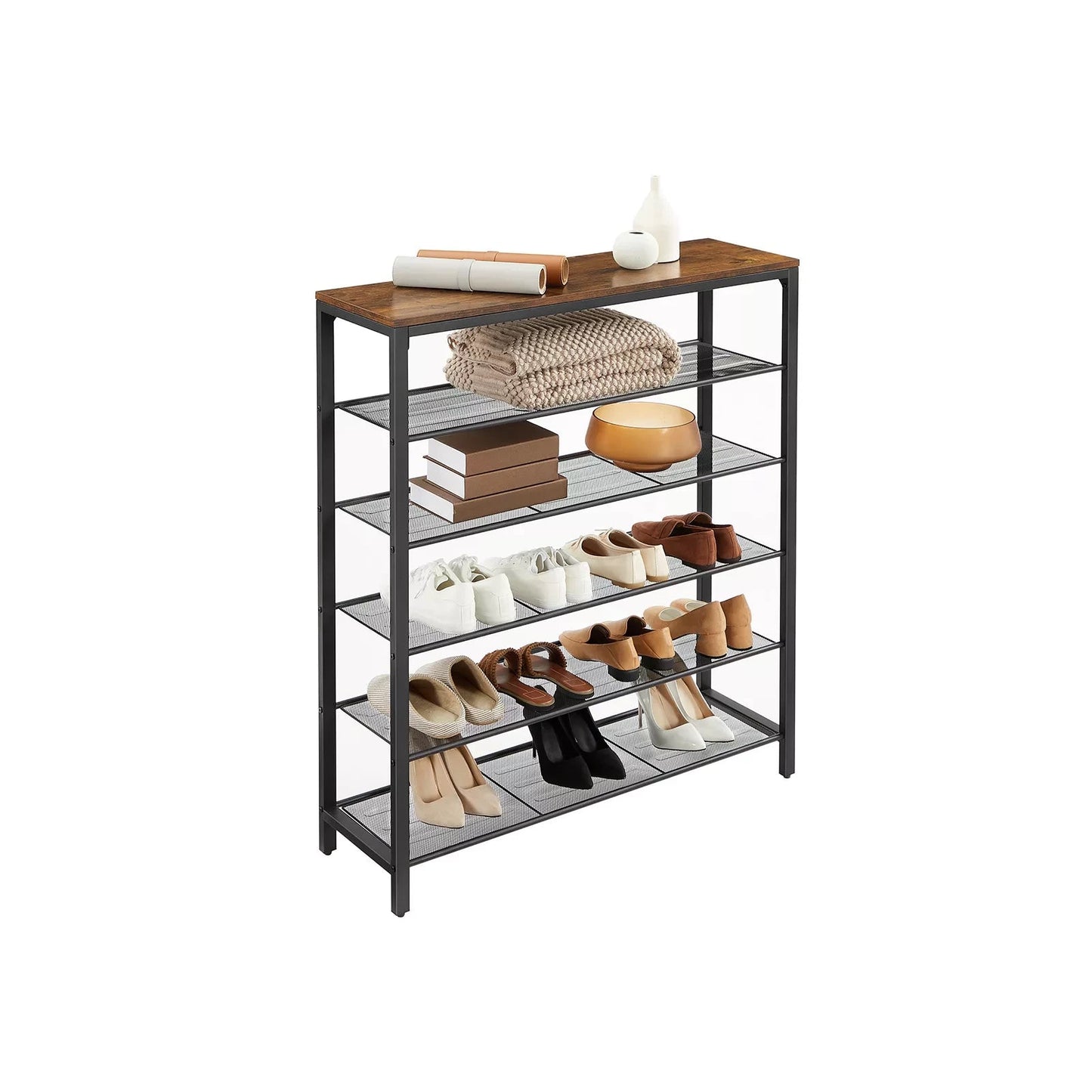 In And OutdoorMatch Schoenenrek Zoey - 5 roosterniveaus - Royale Oppervlak - Metalen Frame - Industrieel Ontwerp, Vintage Bruin/Zwart - 100x30x110cm shoe rack