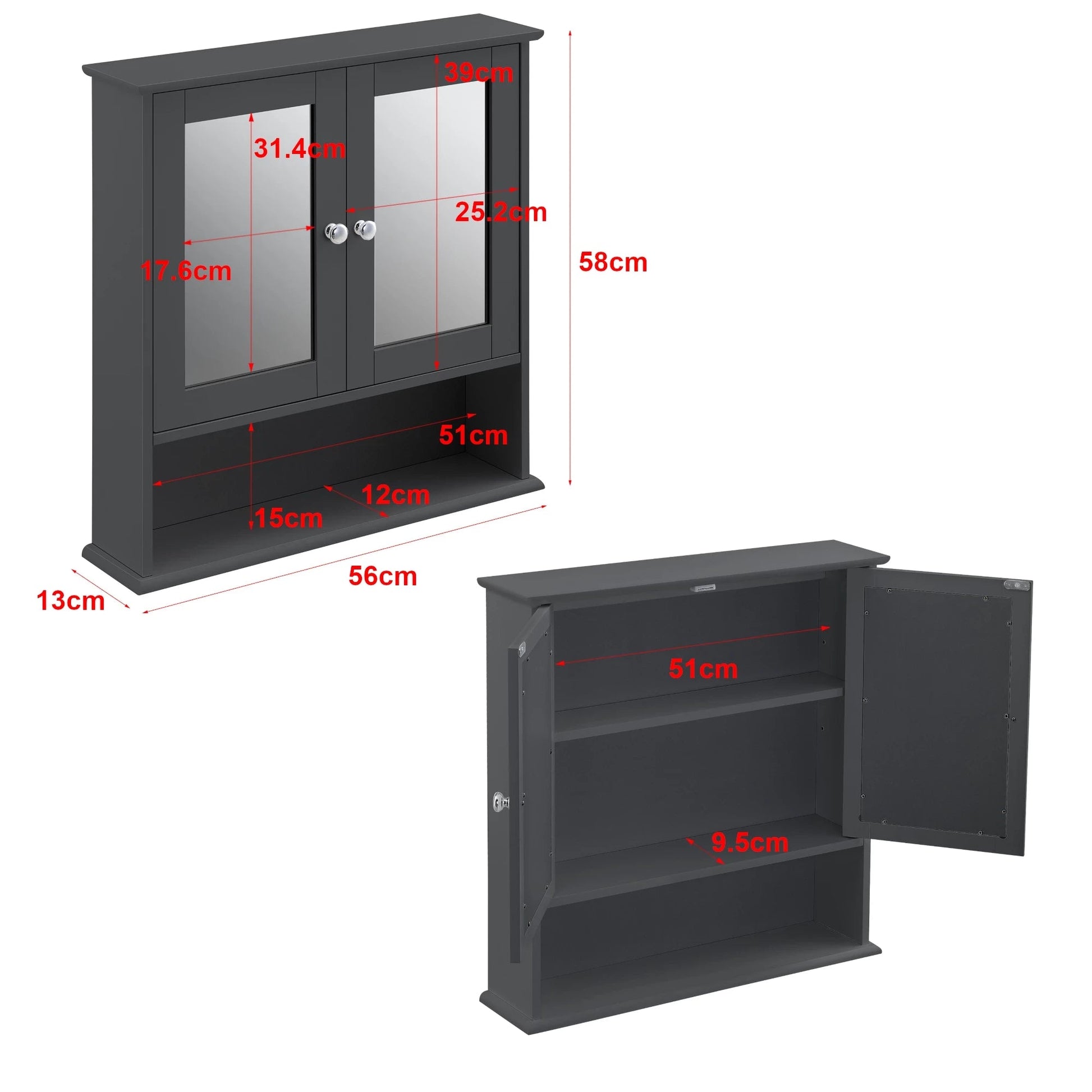 In And OutdoorMatch Spiegelkast Octavia - Voor Wandmontage - MDF - 58x56x13 cm - Donkergrijs - Stijlvol Design Badkamerkast
