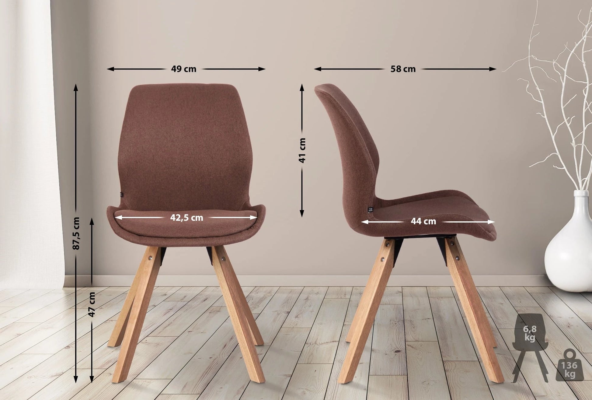 In And OutdoorMatch Stoel Carlos - Bruin - Set van 2 - Stof - Hoge kwaliteit bekleding - Stijlvolle stoel - Luxe uitstraling Eetkamerstoel