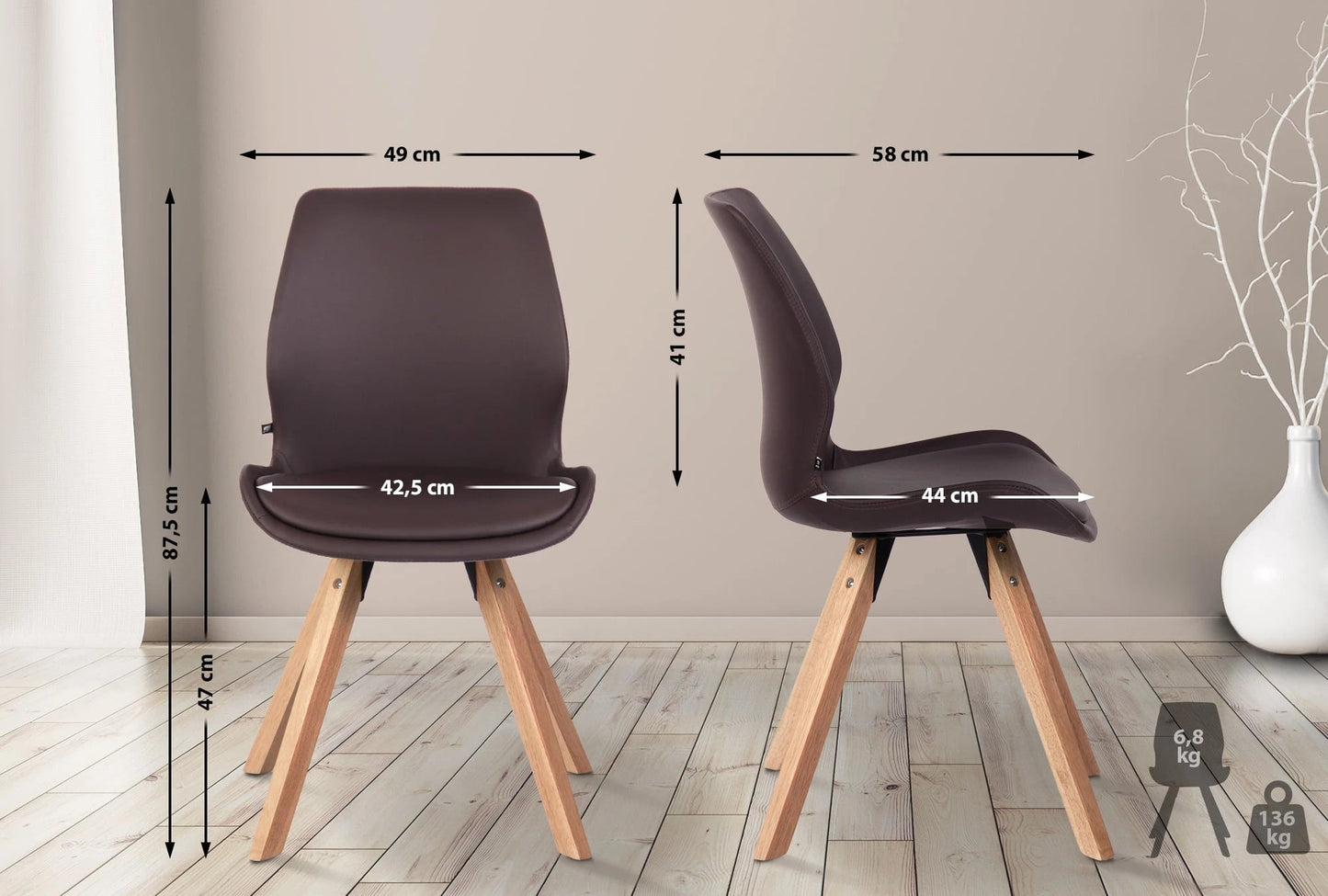 In And OutdoorMatch Stoel Stace - Bruin - Set van 4 - Kunstleer - Hoge kwaliteit bekleding - Stijlvolle stoel - Luxe uitstraling Eetkamerstoel
