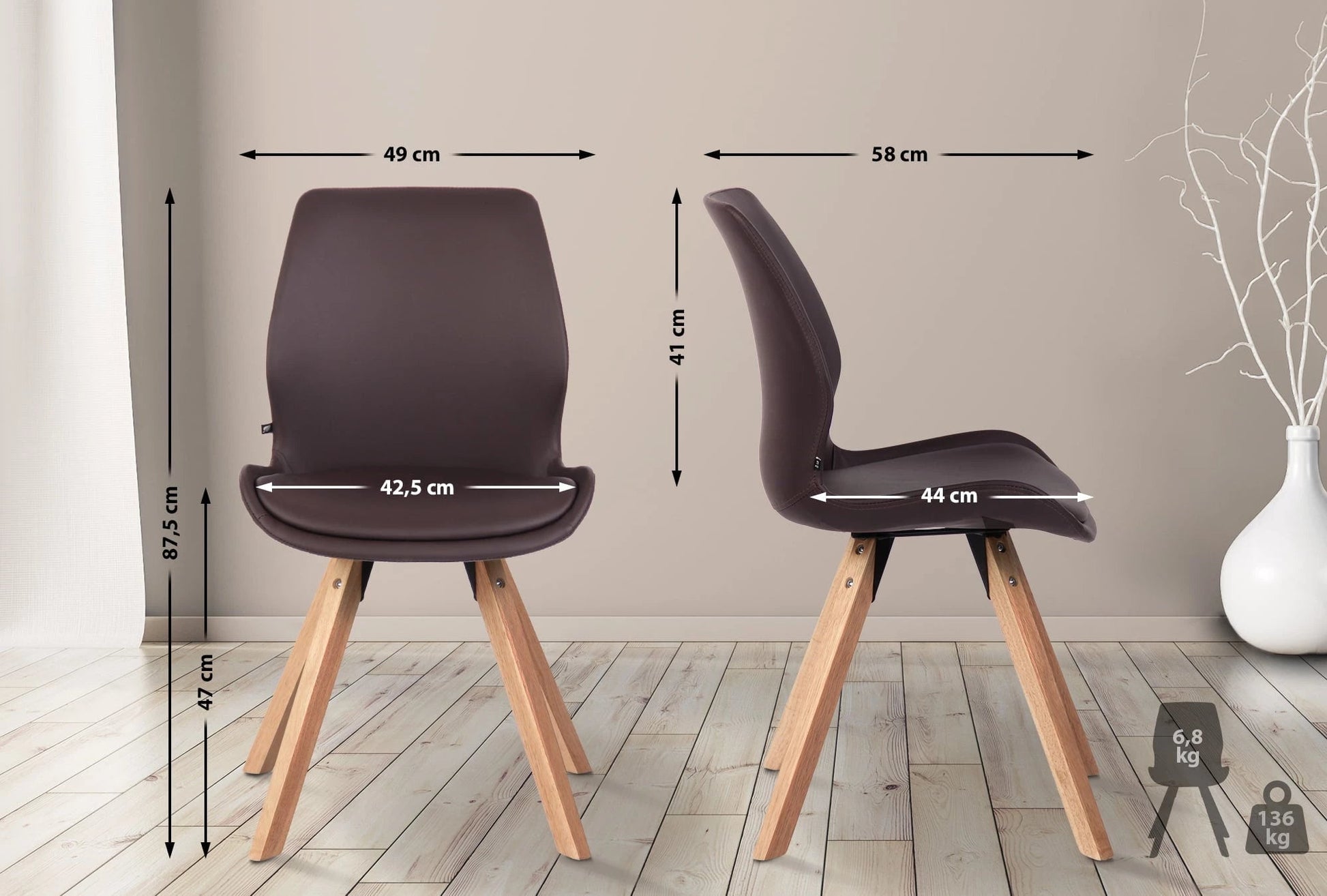 In And OutdoorMatch Stoel Stace - Bruin - Set van 4 - Kunstleer - Hoge kwaliteit bekleding - Stijlvolle stoel - Luxe uitstraling Eetkamerstoel