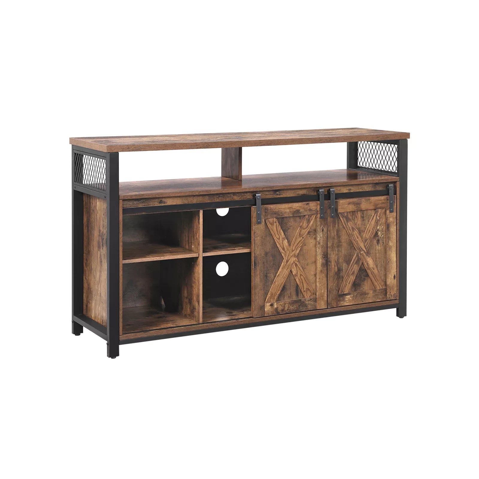In And OutdoorMatch TV Kast Davon - TV Tafel met 2 Schuifdeuren - Voor TV&#39;s t/m 60 inch - Met Verstelbare Planken - Industrieel Design - Vintage Bruin/Zwart Kast