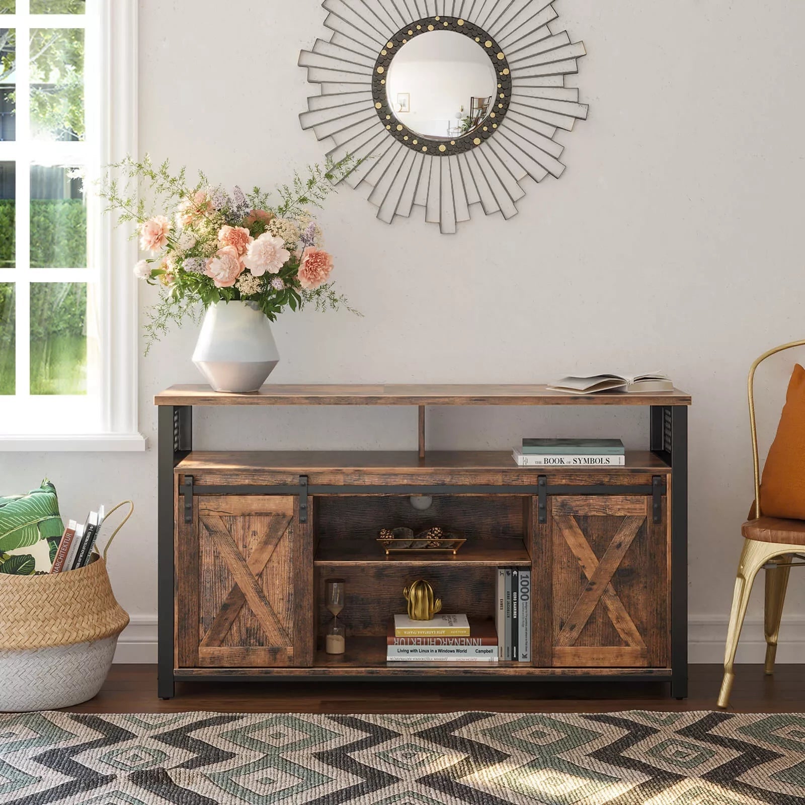In And OutdoorMatch TV Kast Davon - TV Tafel met 2 Schuifdeuren - Voor TV&#39;s t/m 60 inch - Met Verstelbare Planken - Industrieel Design - Vintage Bruin/Zwart Kast