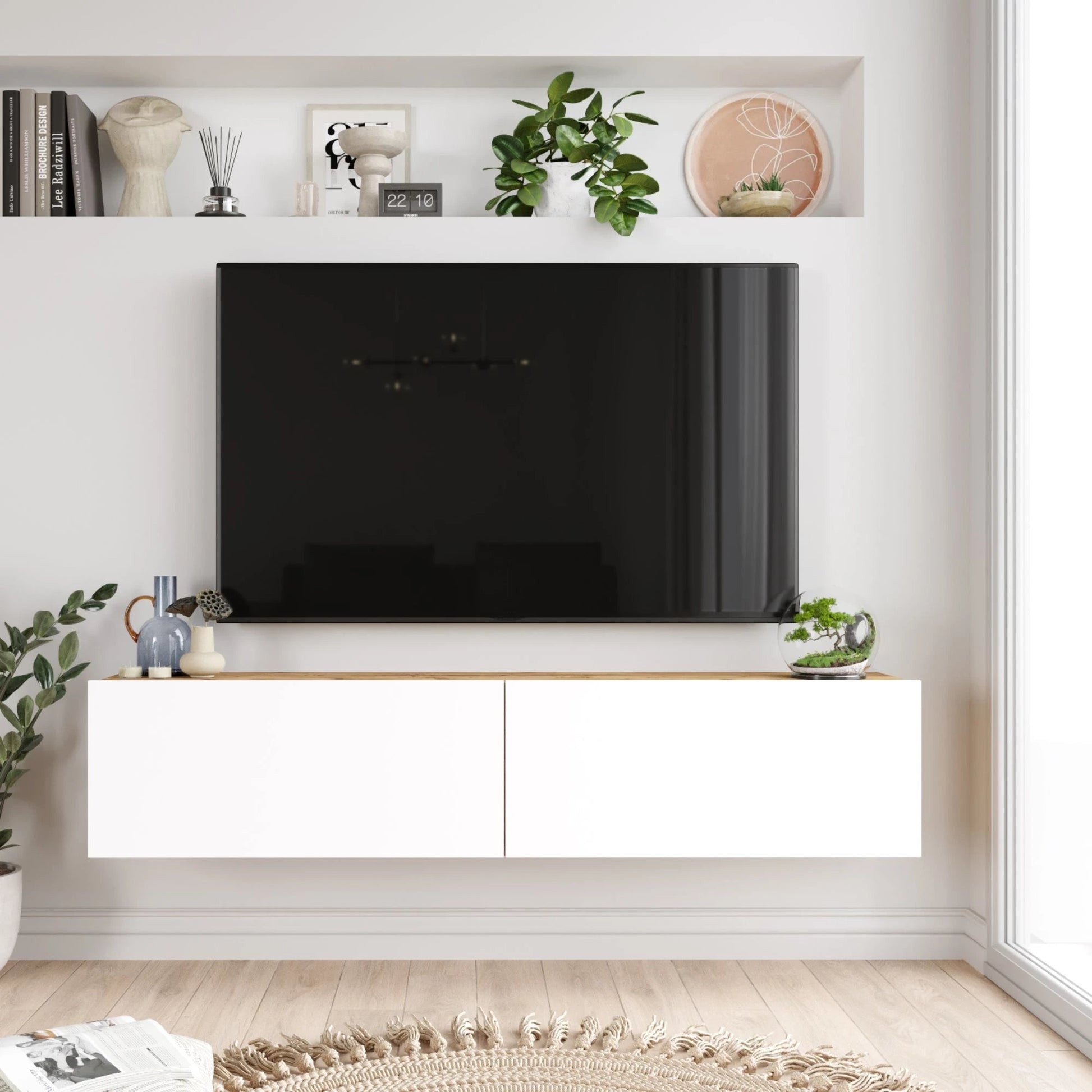 In And OutdoorMatch TV Kast Gloria - TV Meubel - TV meubel - 140x31.5x29.5cm - Houtkleurig en Wit - Spaanplaat - Sierkast TV-meubel