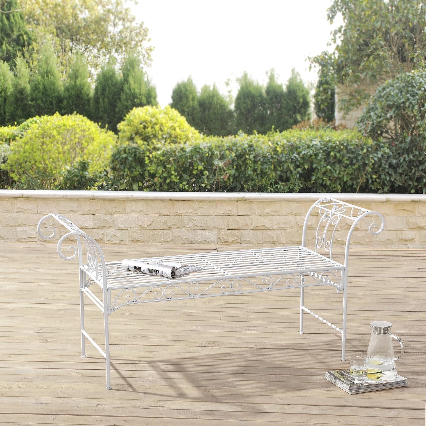 In And OutdoorMatch Tuinbank Jamal - Vintage Metaal - 147x46x70 cm - Wit - Stabiel Metaal - Metalen Bank - 45cm Garden Bench