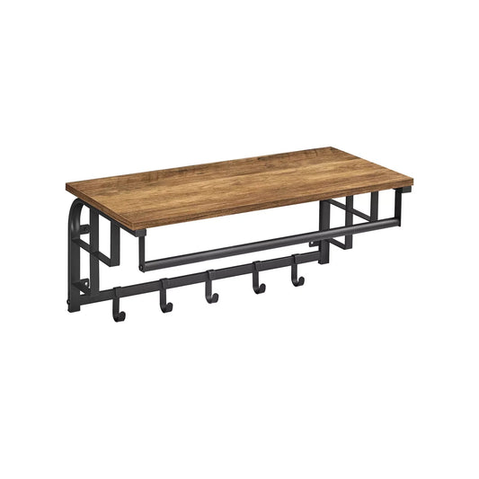 In And OutdoorMatch Wandkapstok Sammy - met Plank - Wandplank - met 10 Verwijderbare Haken - Hangplank - Wandmontage - 2 Kapstokken - Kledingstang - voor Hal - Slaapkamer - Badkamer - Vintage Bruin/Zwart Kapstok