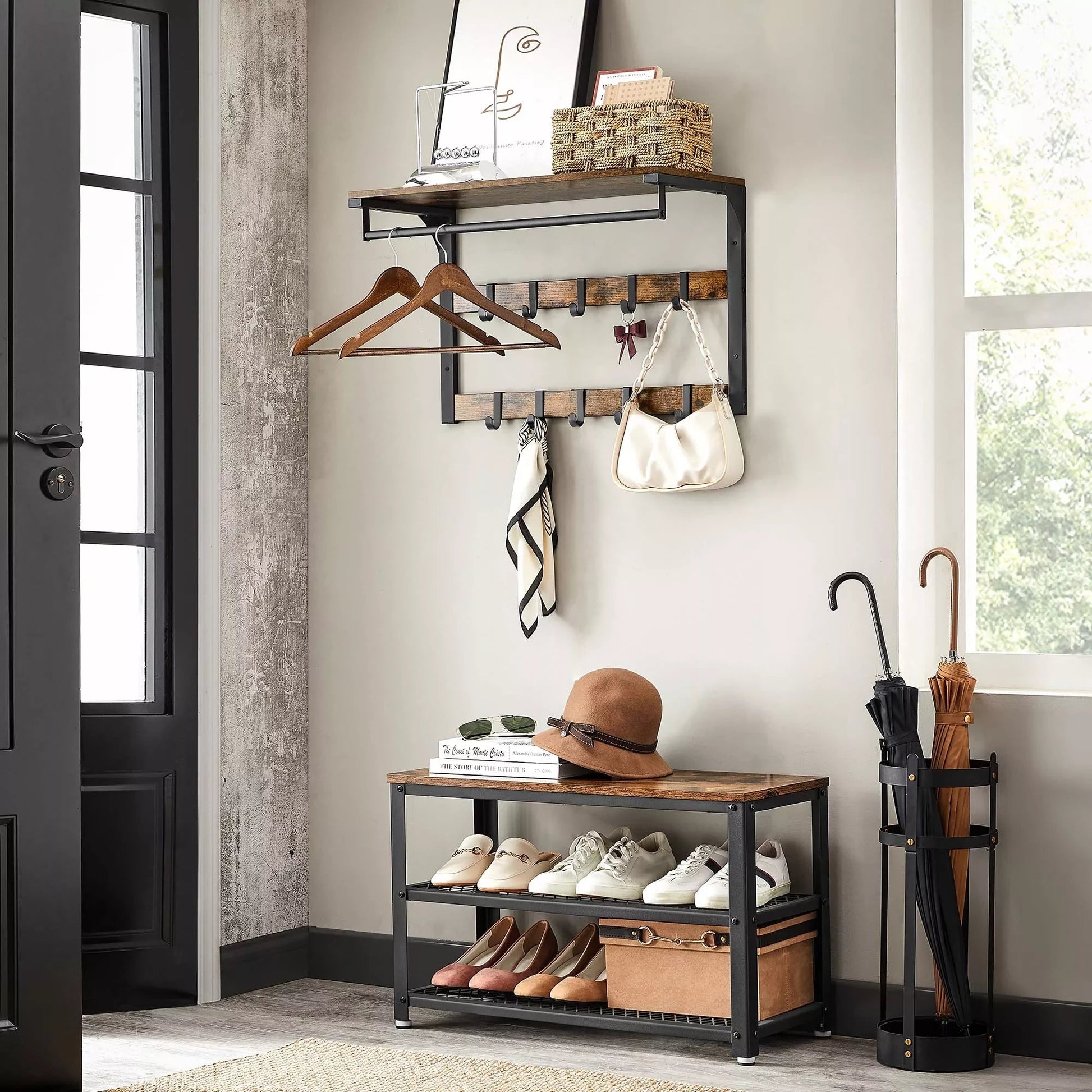 In And OutdoorMatch Wandkapstok Sincere - met Plank - Wandplank - met 10 Verwijderbare Haken - Hangplank - Wandmontage - 2 Kapstokken - Kledingstang - voor Hal - Slaapkamer - Badkamer - Vintage Bruin/Zwart Kapstok