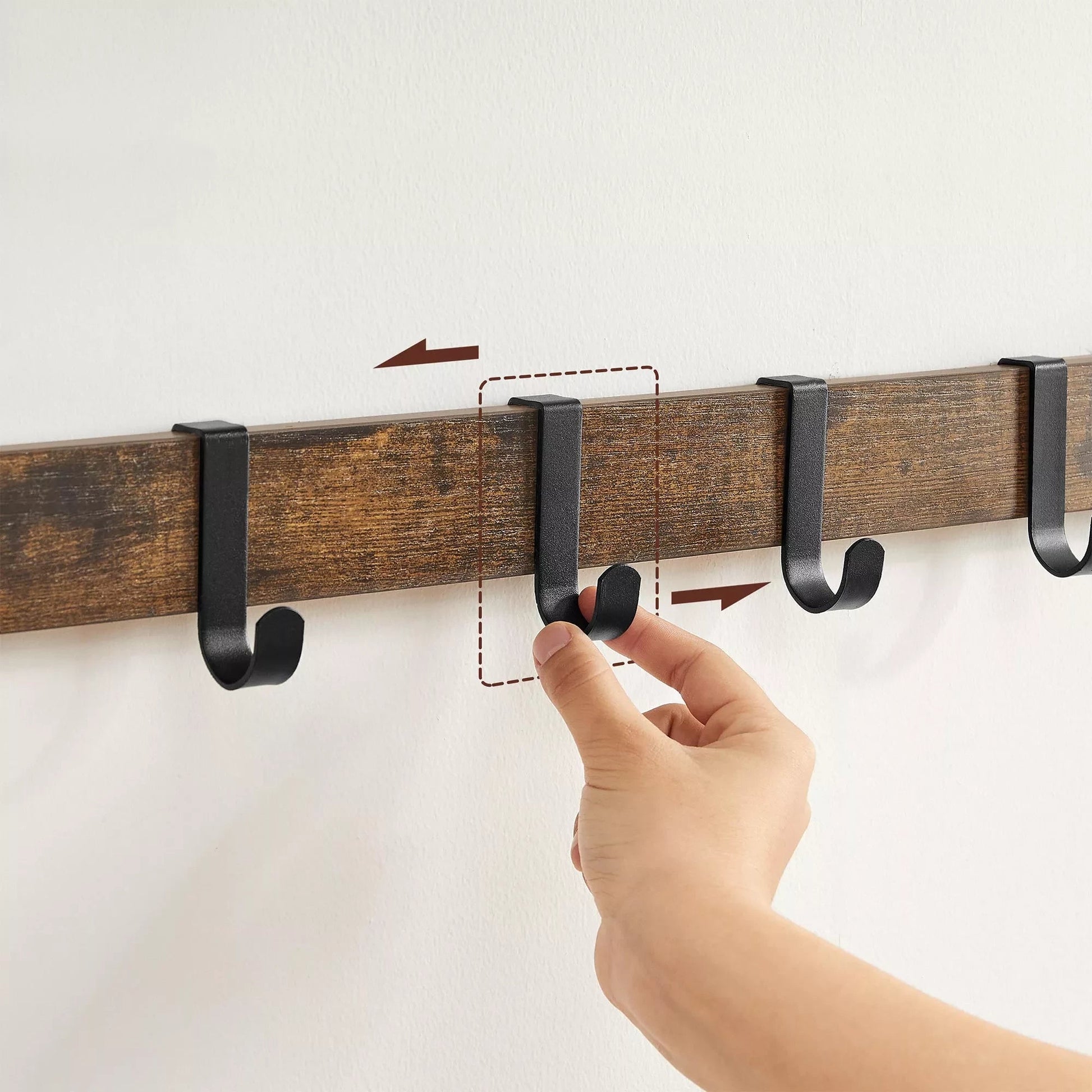 In And OutdoorMatch Wandkapstok Sincere - met Plank - Wandplank - met 10 Verwijderbare Haken - Hangplank - Wandmontage - 2 Kapstokken - Kledingstang - voor Hal - Slaapkamer - Badkamer - Vintage Bruin/Zwart Kapstok