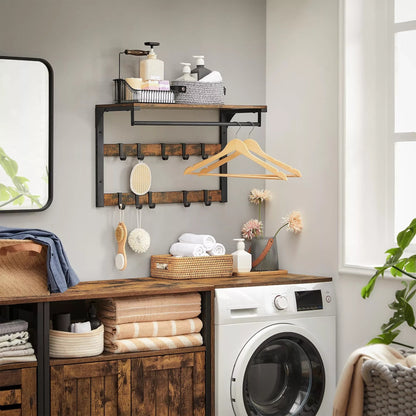 In And OutdoorMatch Wandkapstok Sincere - met Plank - Wandplank - met 10 Verwijderbare Haken - Hangplank - Wandmontage - 2 Kapstokken - Kledingstang - voor Hal - Slaapkamer - Badkamer - Vintage Bruin/Zwart Kapstok