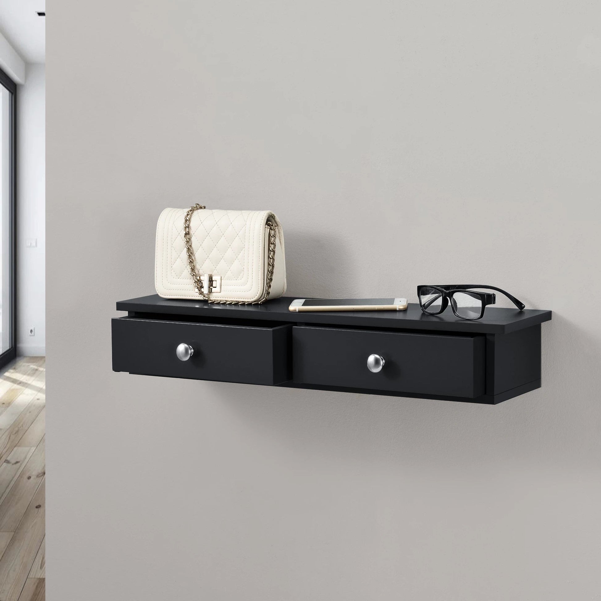 In And OutdoorMatch Wandplank Elmore - Met 2 Lades - Zwevend - MDF - 60x15x10 cm - Zwart - Vintage Design Wandplank