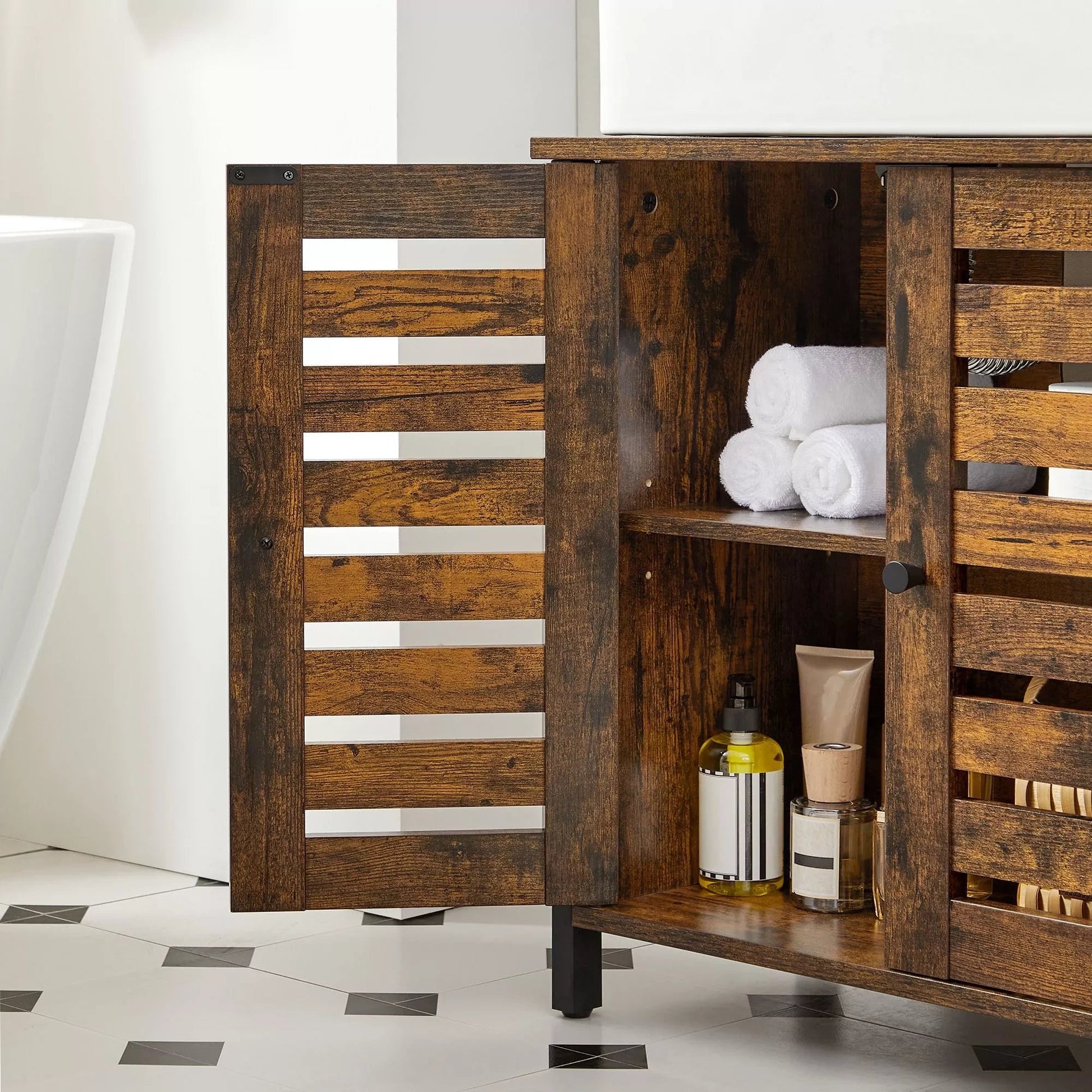 In And OutdoorMatch Wastafelmeubel Frederick - Badkamermeubel - 60x30x60cm - Stalen Frame - Opbergkast - Met 2 Lattendeuren - Verstelbare Plank - Industrieel Design - Vintage Bruin/Zwart Badkamerkast