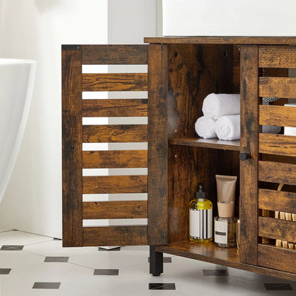 In And OutdoorMatch Wastafelmeubel Frederick - Badkamermeubel - 60x30x60cm - Stalen Frame - Opbergkast - Met 2 Lattendeuren - Verstelbare Plank - Industrieel Design - Vintage Bruin/Zwart Badkamerkast