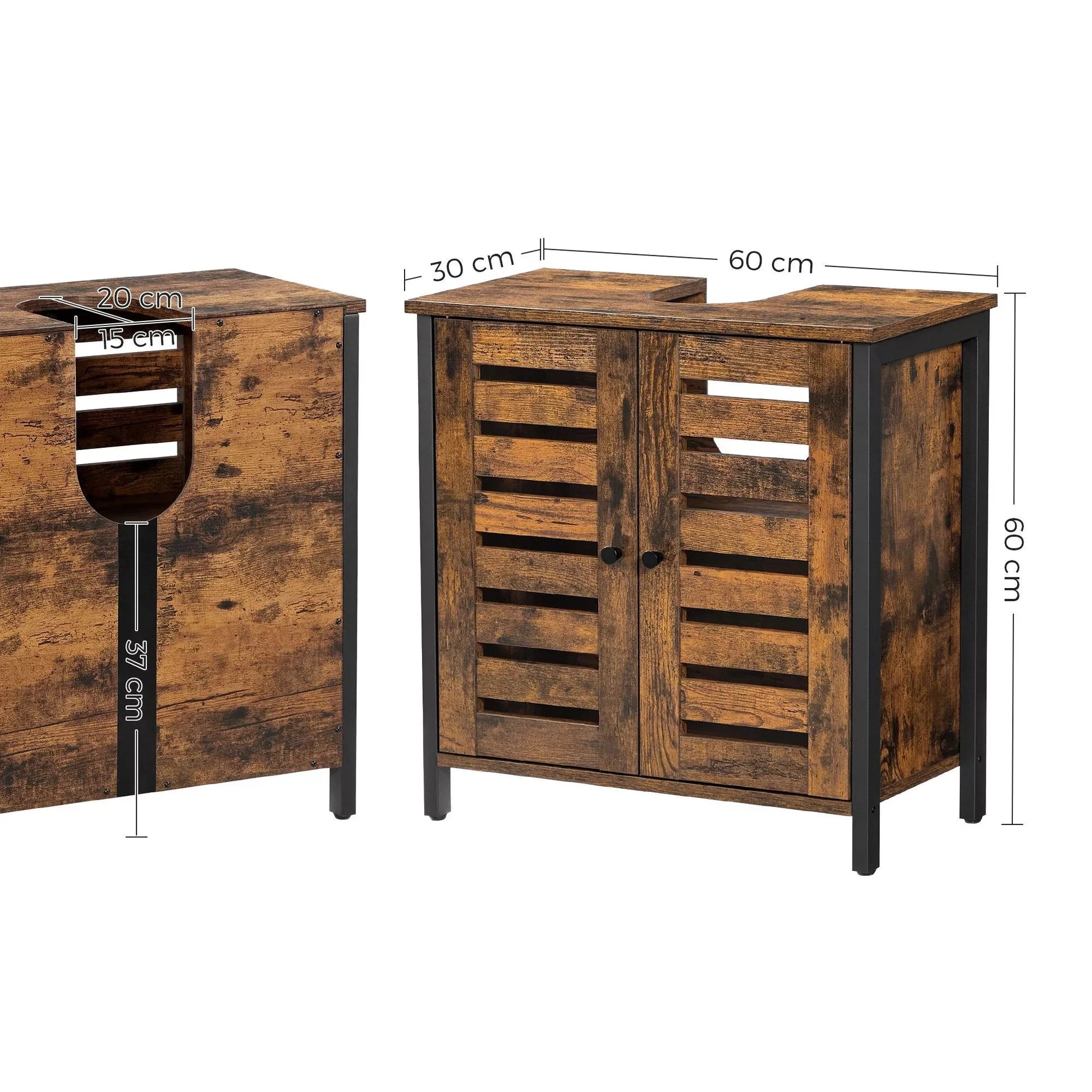 In And OutdoorMatch Wastafelmeubel Frederick - Badkamermeubel - 60x30x60cm - Stalen Frame - Opbergkast - Met 2 Lattendeuren - Verstelbare Plank - Industrieel Design - Vintage Bruin/Zwart Badkamerkast
