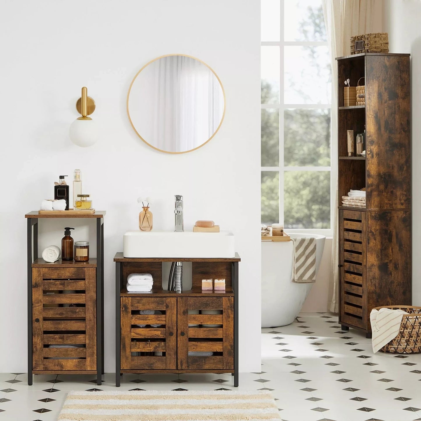 In And OutdoorMatch Wastafelmeubel Wendy - Badkamerkast - 60x30x60cm - Stalen Frame - Opbergkast - Met 2 Lattendeuren - Verstelbare Plank - Industrieel Design - Vintage Bruin/Zwart Badkamerkast