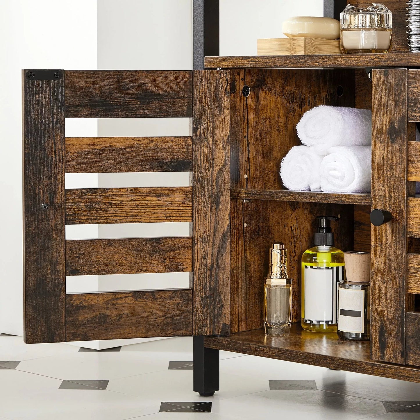 In And OutdoorMatch Wastafelmeubel Wendy - Badkamerkast - 60x30x60cm - Stalen Frame - Opbergkast - Met 2 Lattendeuren - Verstelbare Plank - Industrieel Design - Vintage Bruin/Zwart Badkamerkast