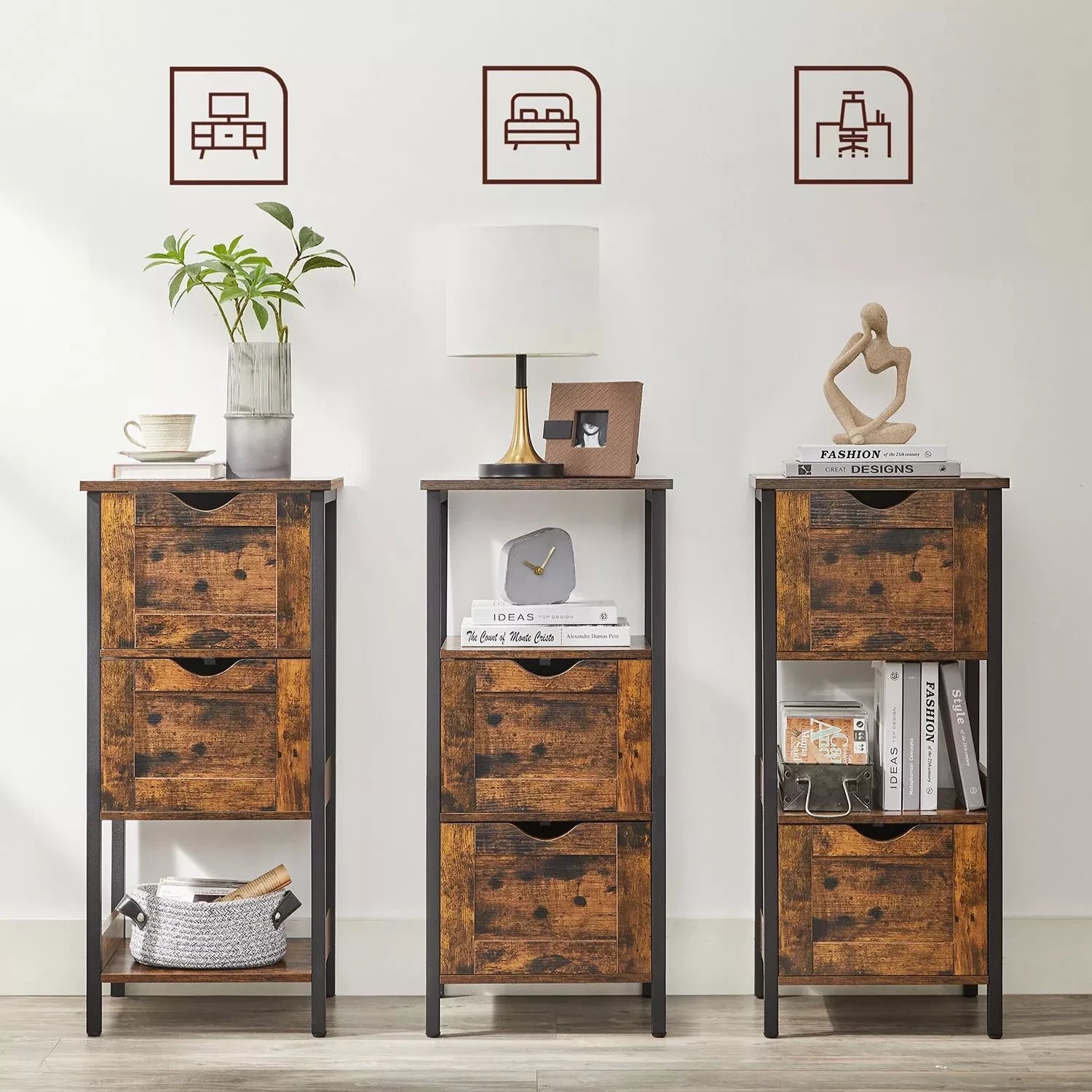 In En OutdoorMatch Kast Lewis- 2 Lade - Open Vak - Dressoir - Badkamerkast - 37x30x80cm - Vintage - Bruin Zwart Badkamerkast