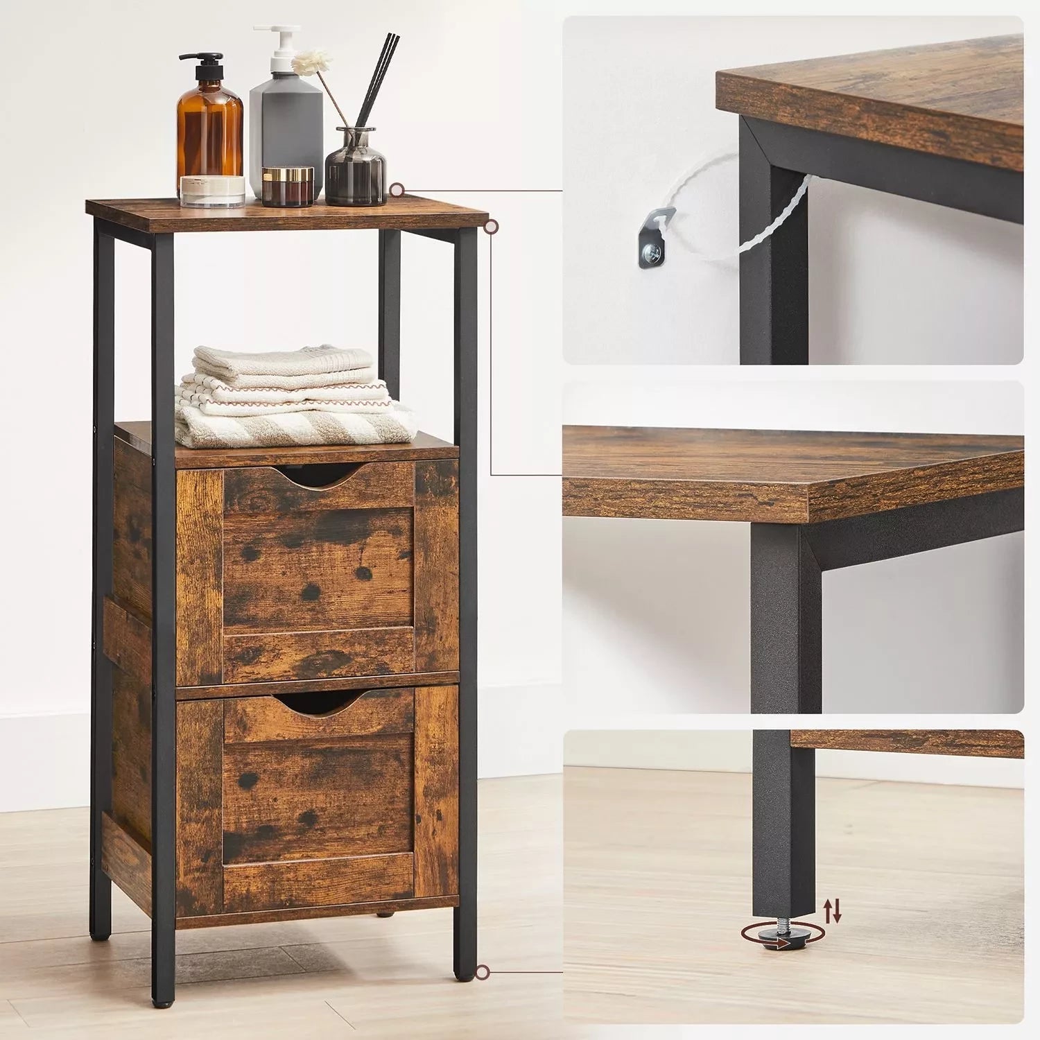 In En OutdoorMatch Kast Lewis- 2 Lade - Open Vak - Dressoir - Badkamerkast - 37x30x80cm - Vintage - Bruin Zwart Badkamerkast