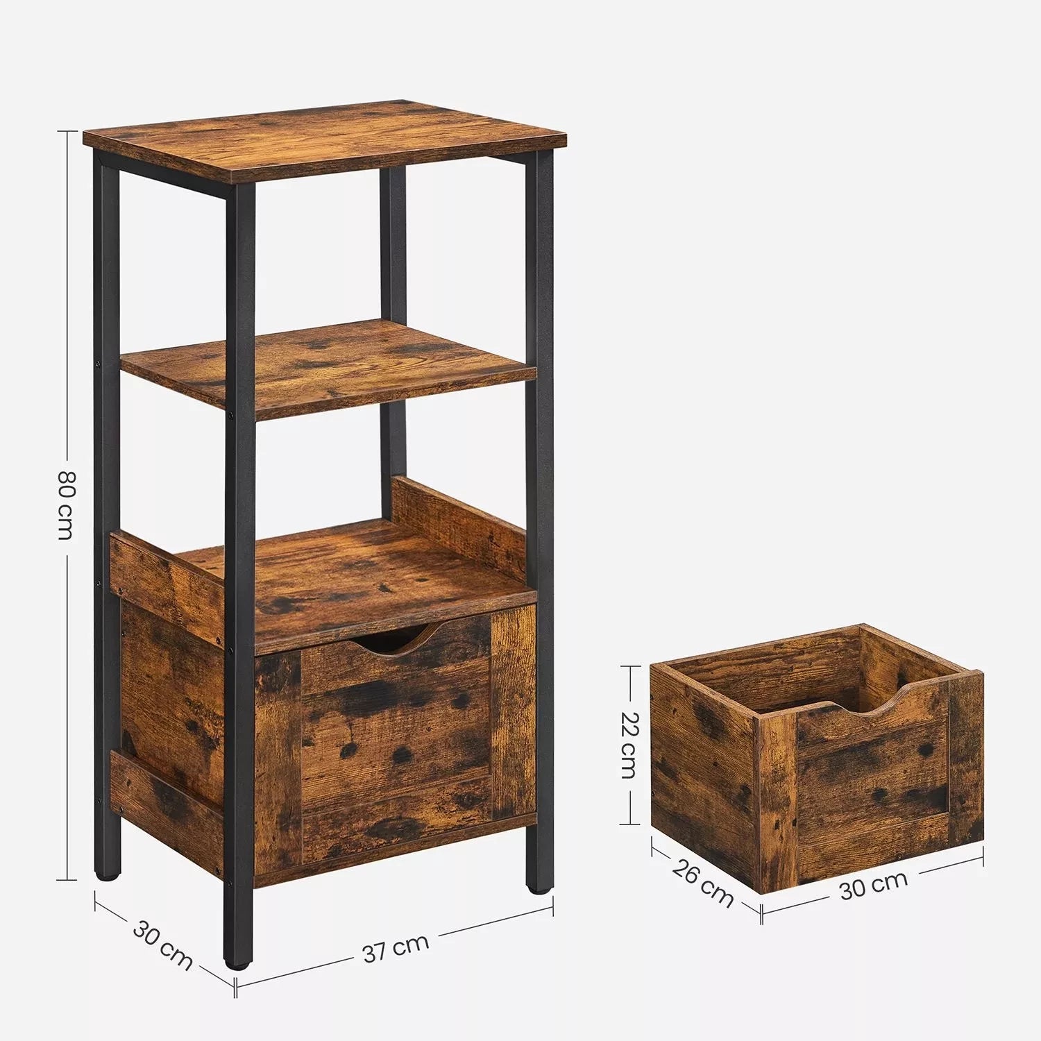 In En OutdoorMatch Kast Lewis- 2 Lade - Open Vak - Dressoir - Badkamerkast - 37x30x80cm - Vintage - Bruin Zwart Badkamerkast