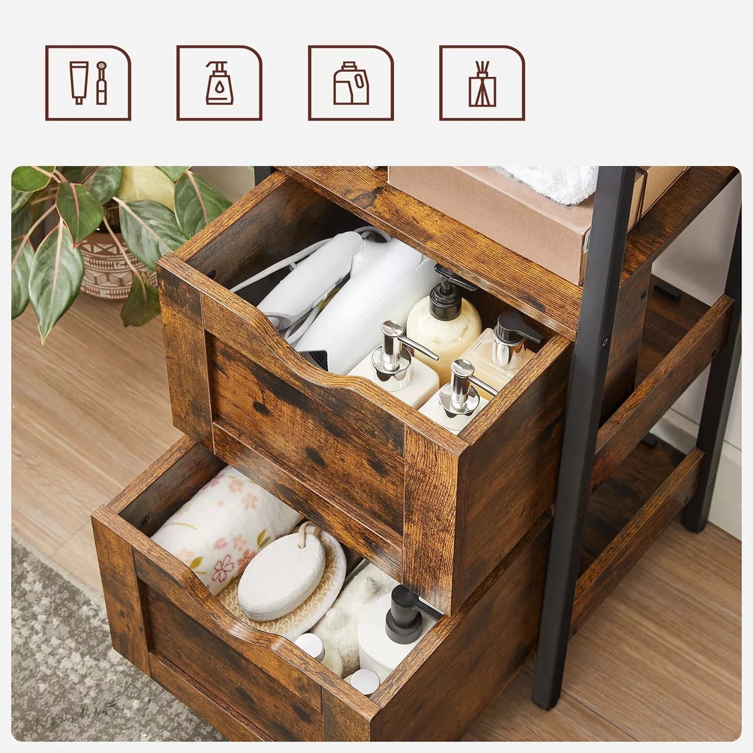 In En OutdoorMatch Kast Lewis- 2 Lade - Open Vak - Dressoir - Badkamerkast - 37x30x80cm - Vintage - Bruin Zwart Badkamerkast