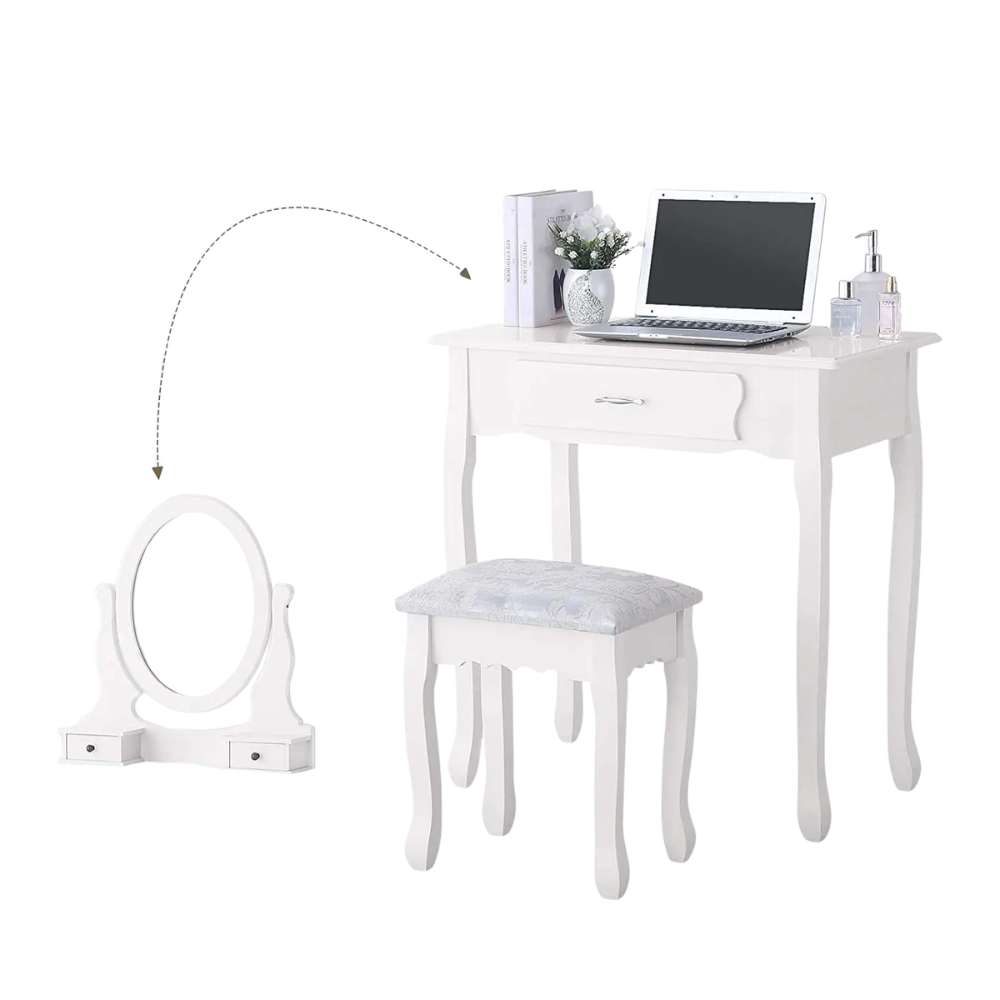 Kunstleren Vanitytafel - Set met Spiegel en Stoel - 3 Laden - Wit