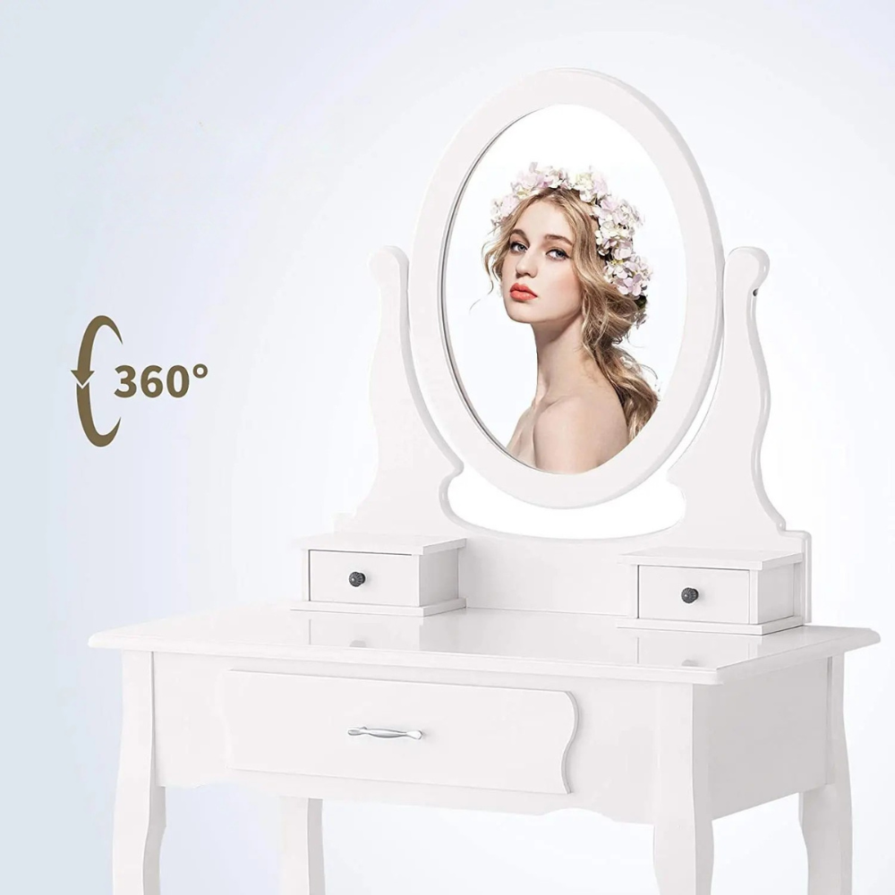 Kunstleren Vanitytafel - Set met Spiegel en Stoel - 3 Laden - Wit
