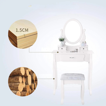 Kunstleren Vanitytafel - Set met Spiegel en Stoel - 3 Laden - Wit