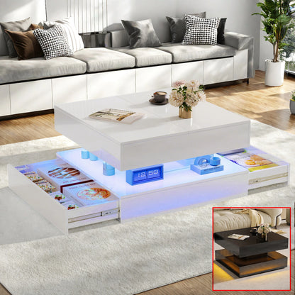 Hoge-Glans Koffertafel - Met RGB Lichtstrip - 1,5cm MDF - 60x60cm, Wit/Zwart