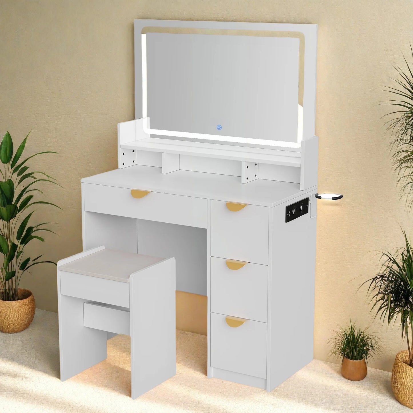 Make-up Tafel - 3-Kleurig Aanpasbaar LED Spiegel - Wit + USB Oplaadpoort - 90x40x140cm