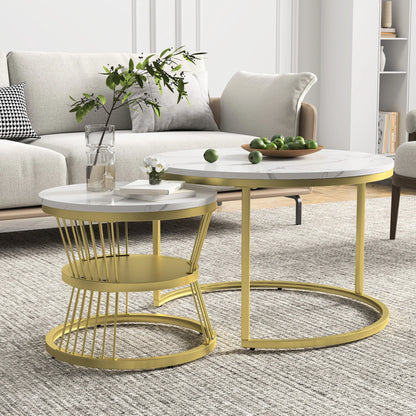 Salontafel - Wit Tafelblad - Zwarte Metalen Frame - Marmeren Patroon