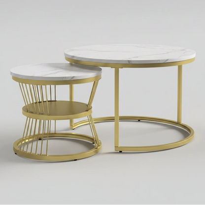 Salontafel - Wit Tafelblad - Gouden Metalen Frame - Marmerpatroon