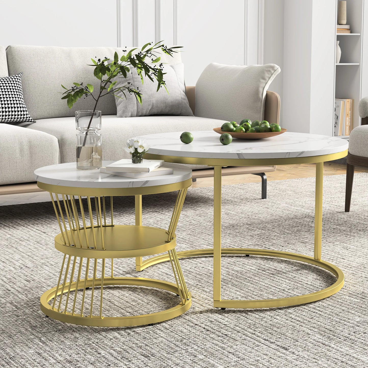 Salontafel - Wit Tafelblad - Gouden Metalen Frame - Marmerpatroon
